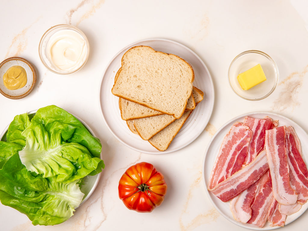 Ingredients for the best damn BLT sandwich recipe.