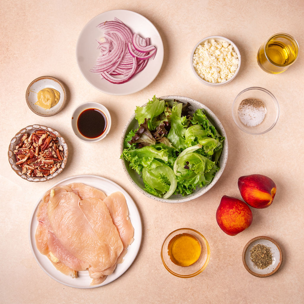 Ingredients for grilled chicken and peach salad.