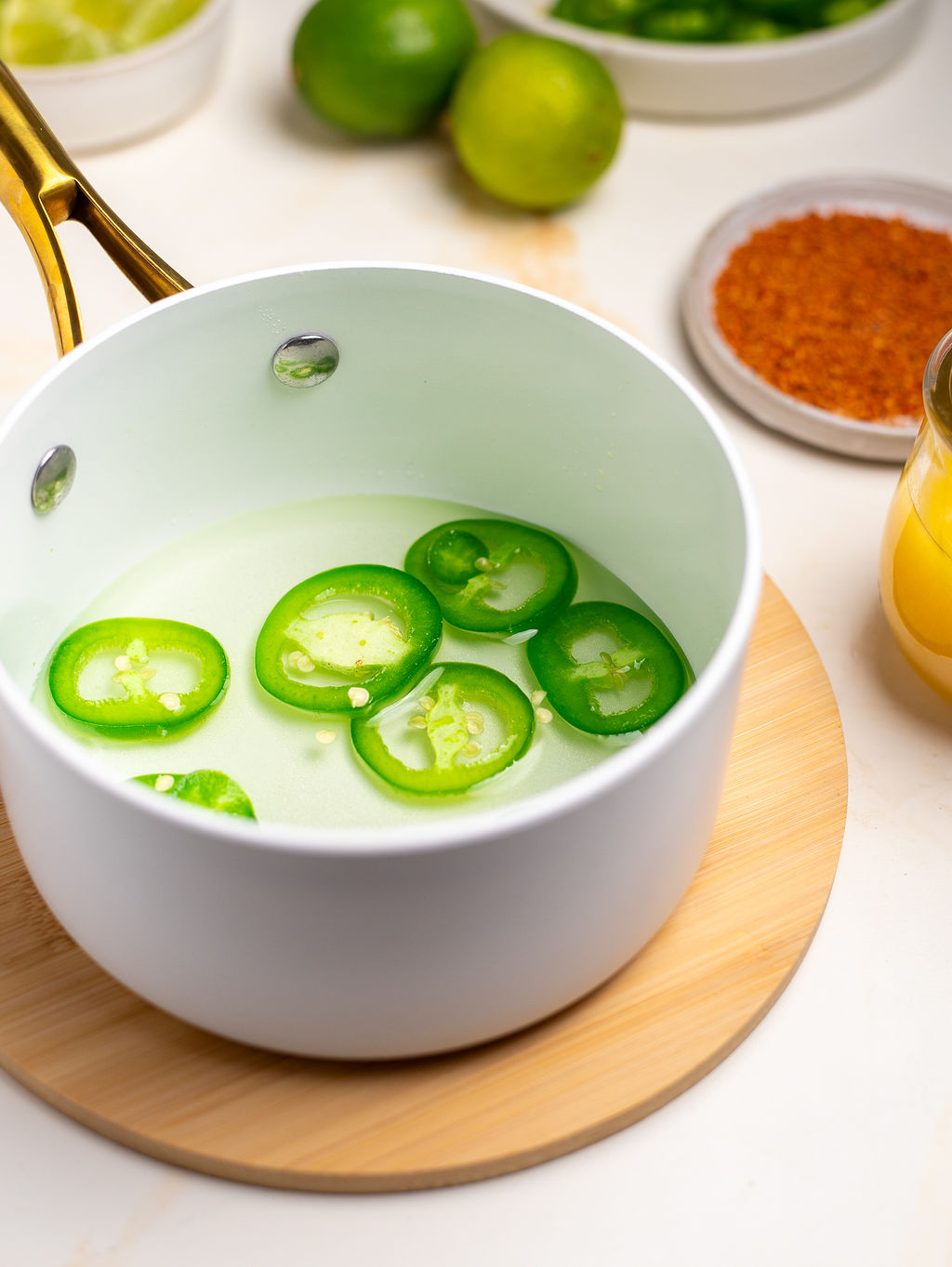 Making jalapeno simple syrup in a sauce pan.