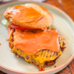Best damn burger sauce on a juicy, open-faced burger.