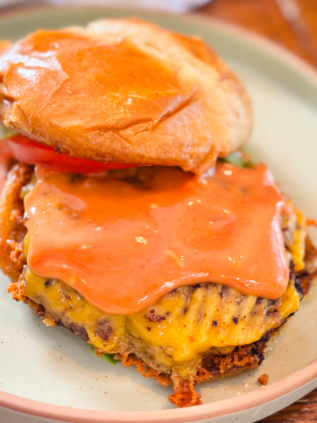 Best damn burger sauce on a juicy, open-faced burger.
