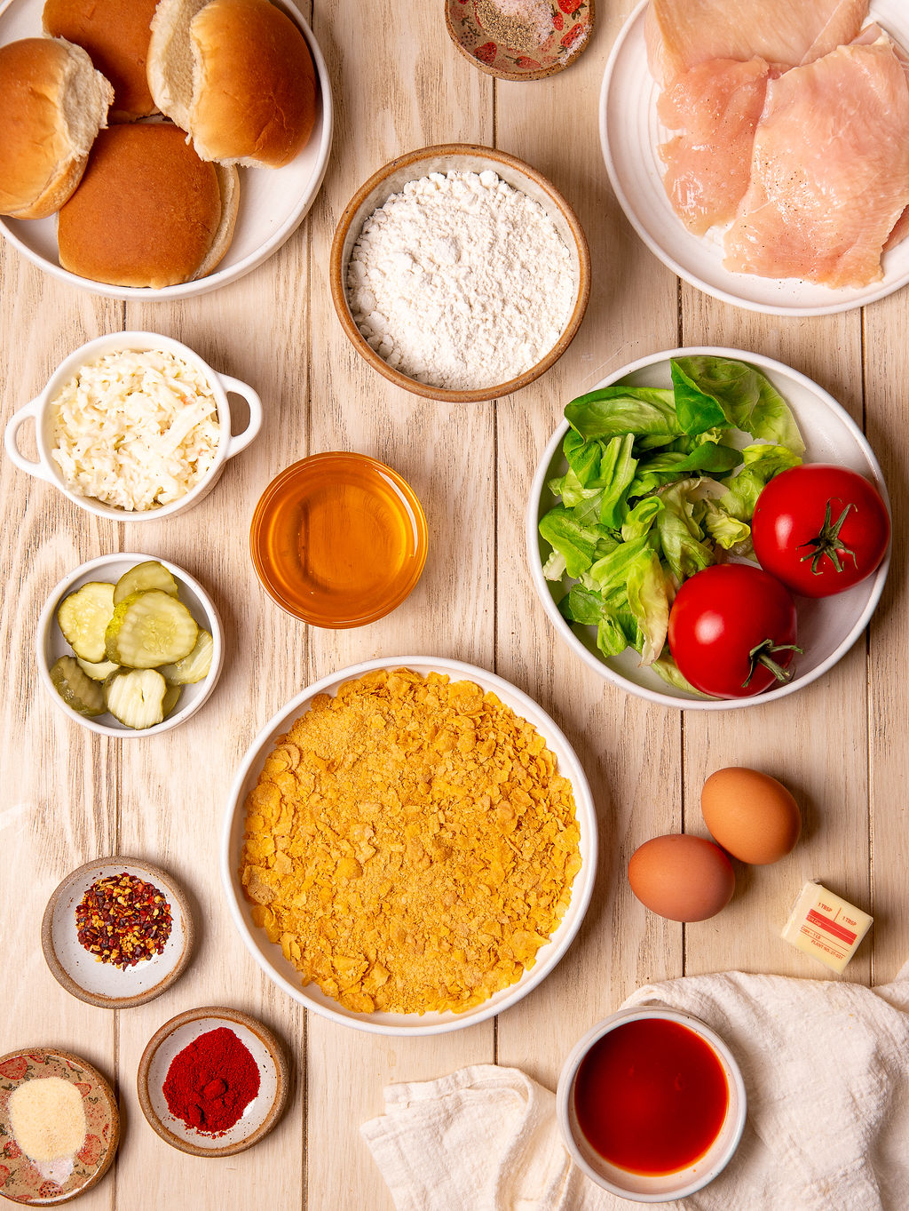 Ingredients for hot honey chicken sandwiches.