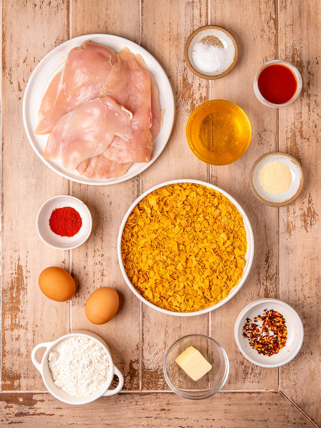 Ingredients for air fryer hot honey chicken.