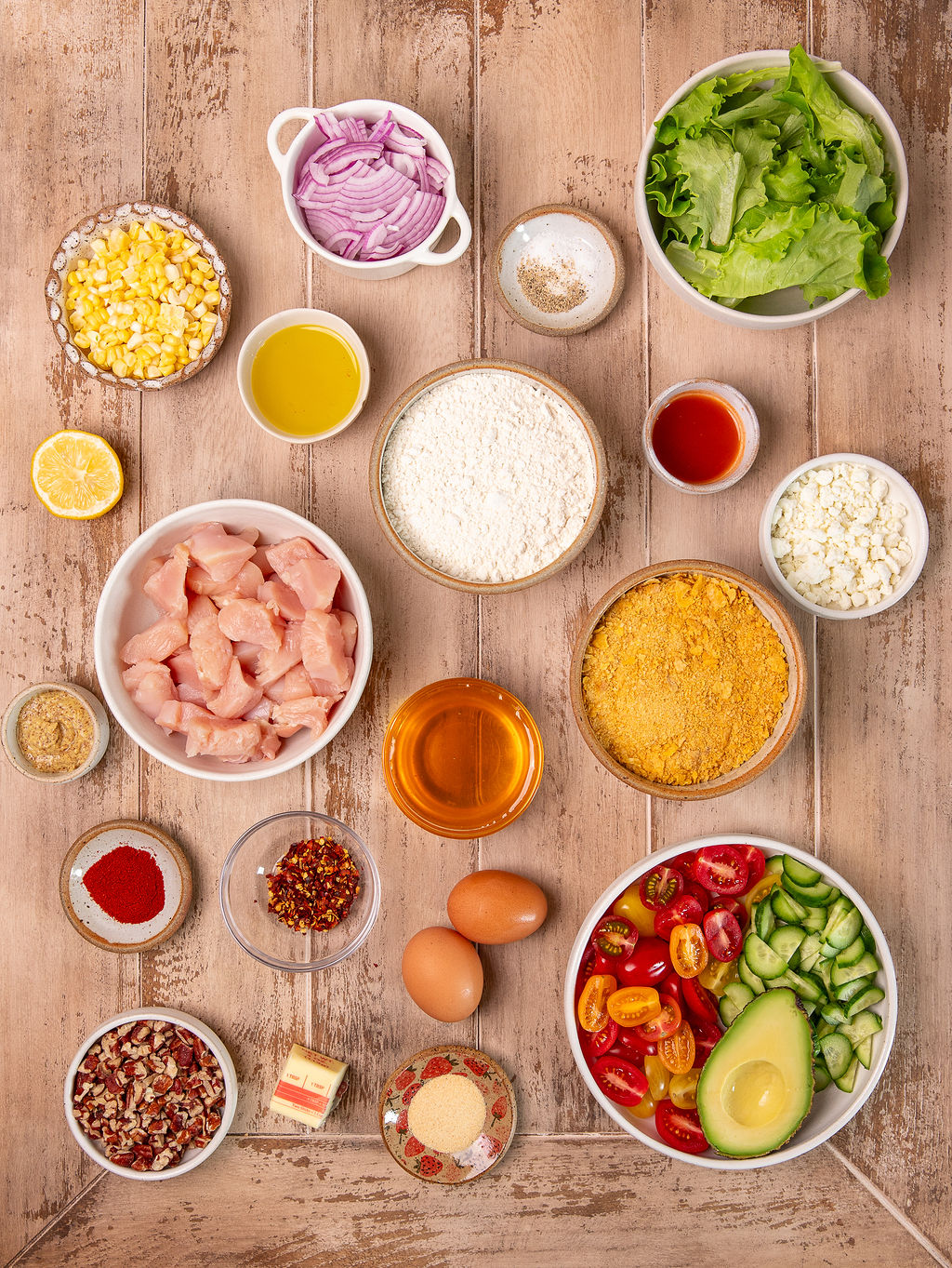 Ingredients for air fryer hot honey chicken salad.