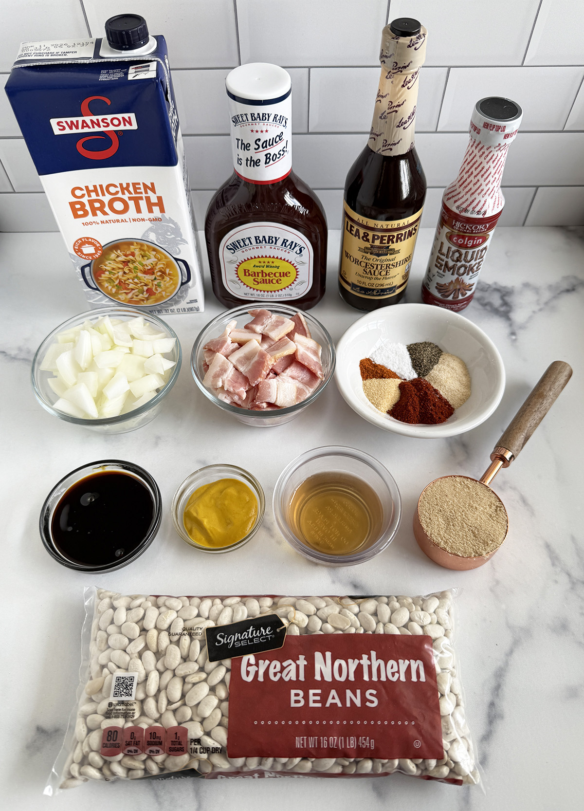 All the ingredients needed to make Instant Pot BBQ Baked Beans.