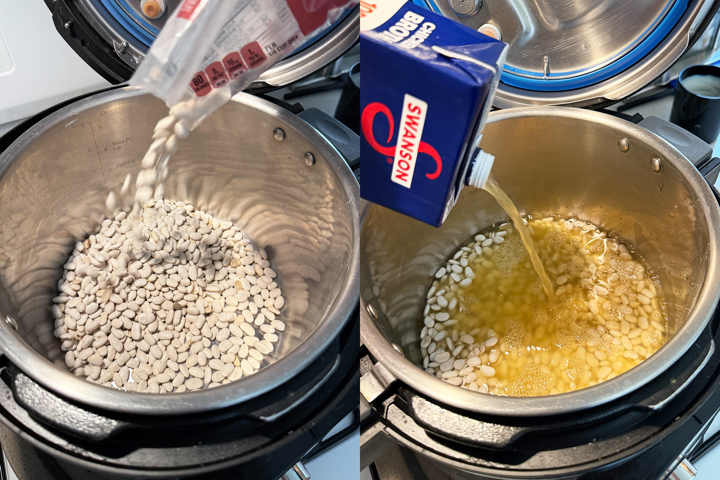 Adding beans and broth to an Instant Pot to make BBQ baked beans.