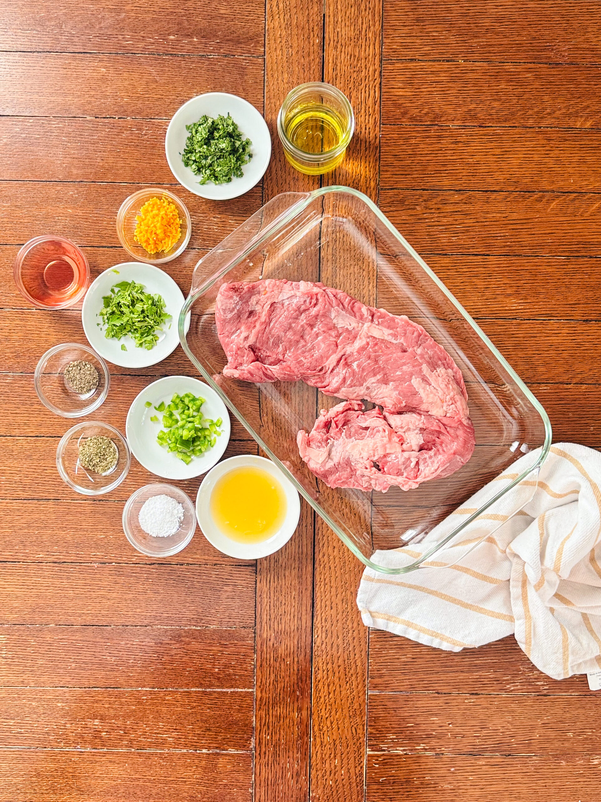 Ingredients for skirt steak with chimichurri marinade.