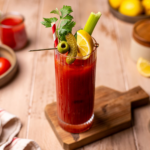 Bloody Mary mocktail dressed with pickles, sliced lemon, celery, and parsley.