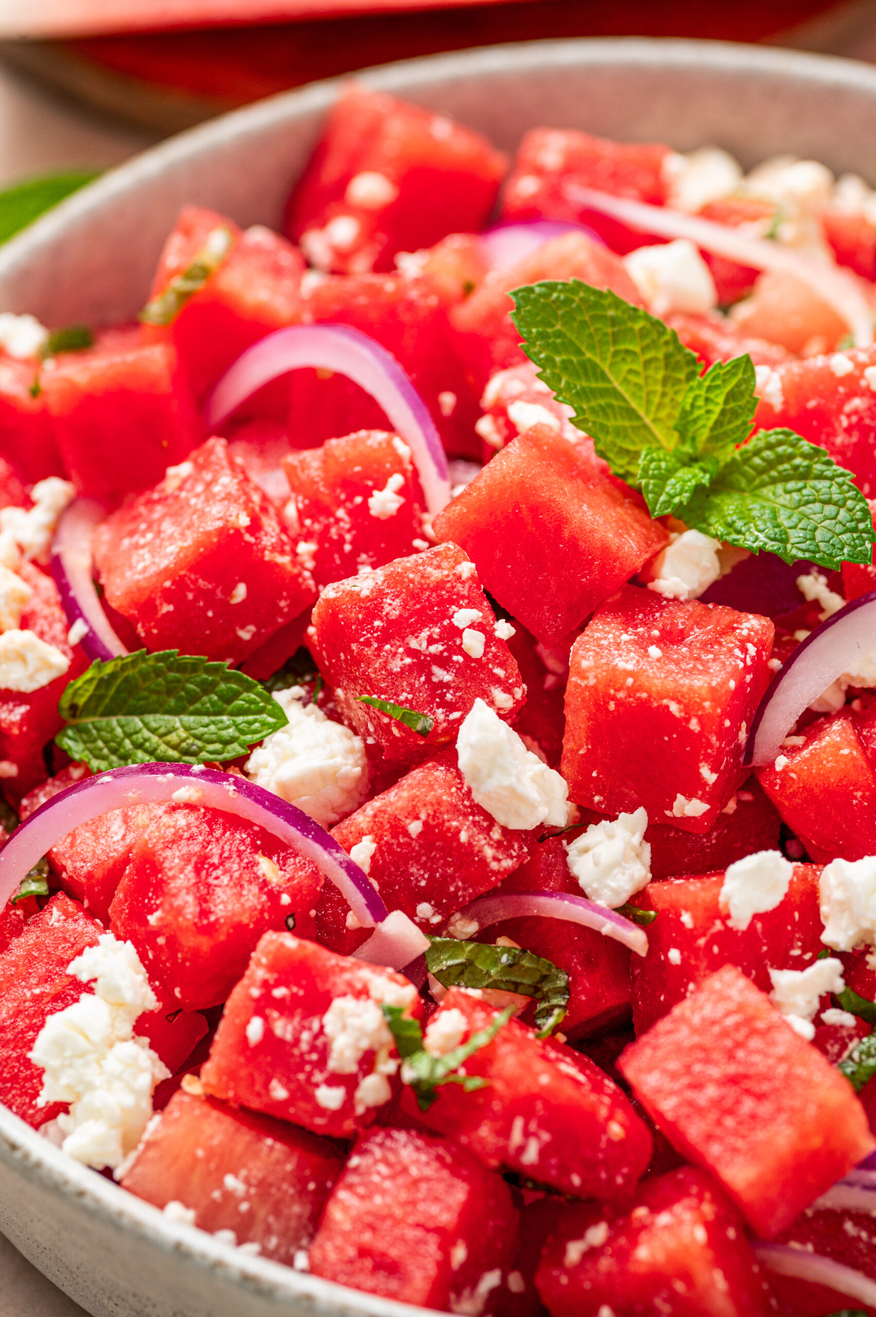 Close-up of watermelon feta salad with feta and mint.