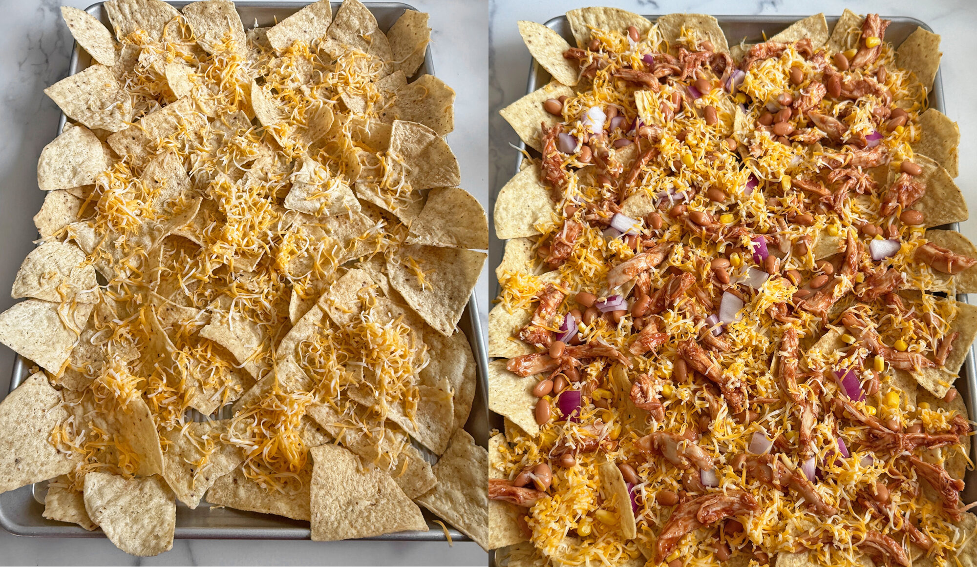 Layering the ingredients to make homemade BBQ chicken nachos.