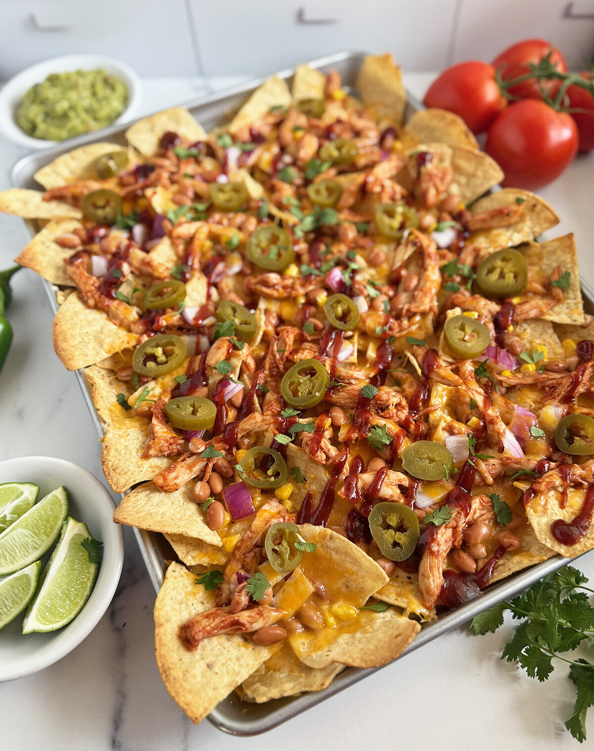 An awesome sheet pan recipe - BBQ chicken nachos!