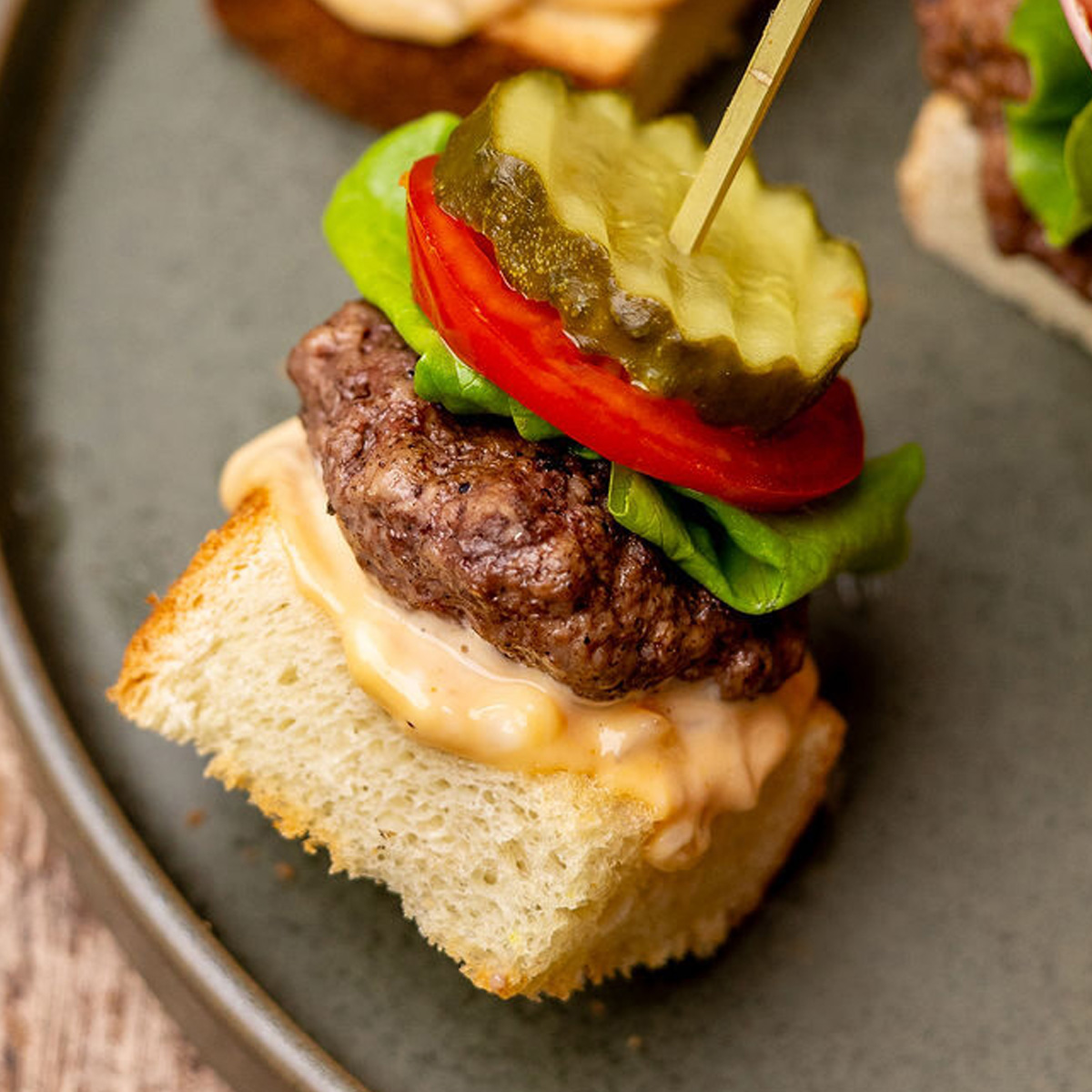 Grilled Burger Skewer with lettuce, tomato and pickle on a plate.