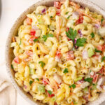 Macaroni pasta salad in a serving bowl.