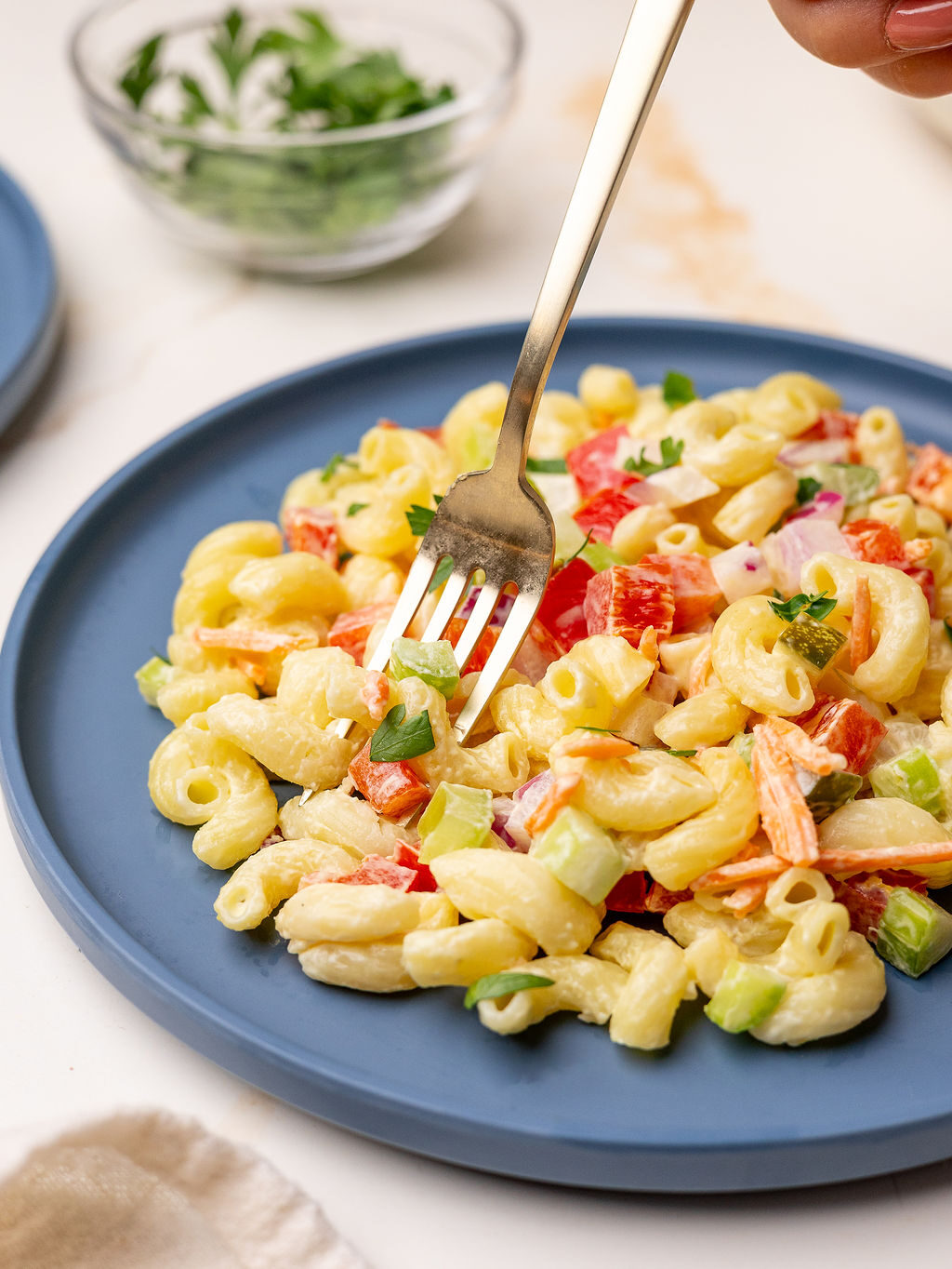 Close-up of a plate of macaroni pasta salad.