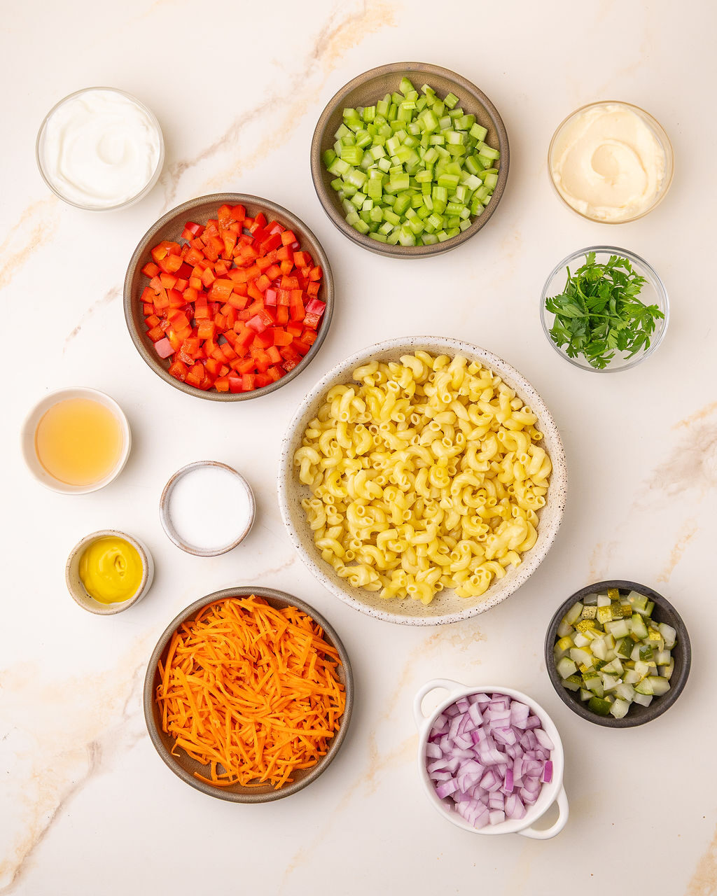 Ingredients for macaroni salad.