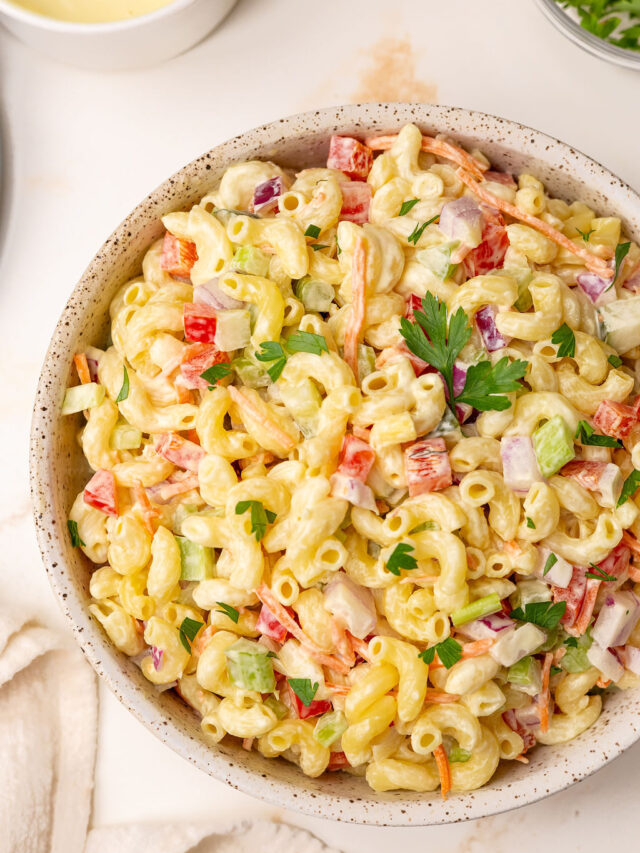 Macaroni pasta salad in a serving bowl.