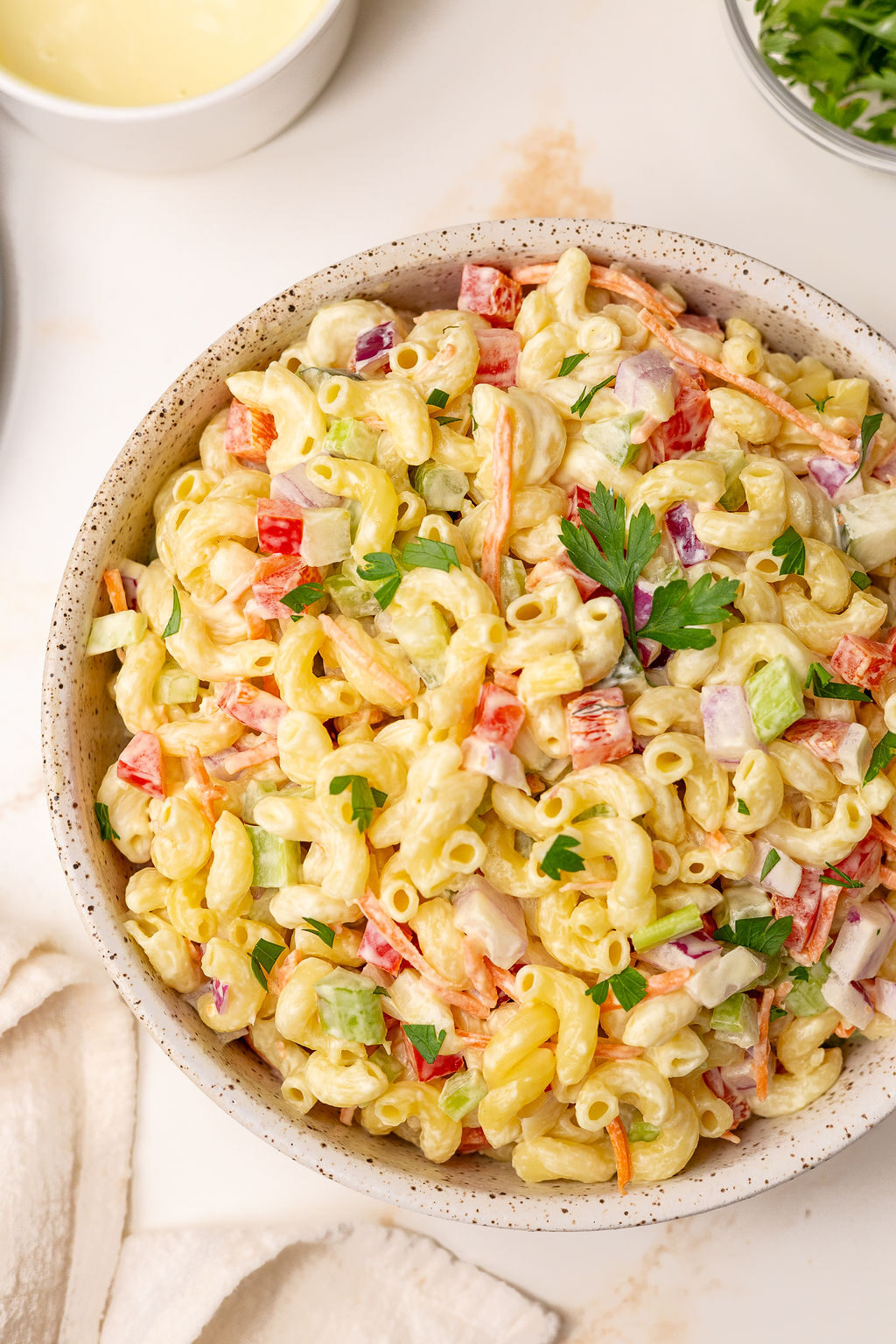 Macaroni pasta salad in a serving bowl.