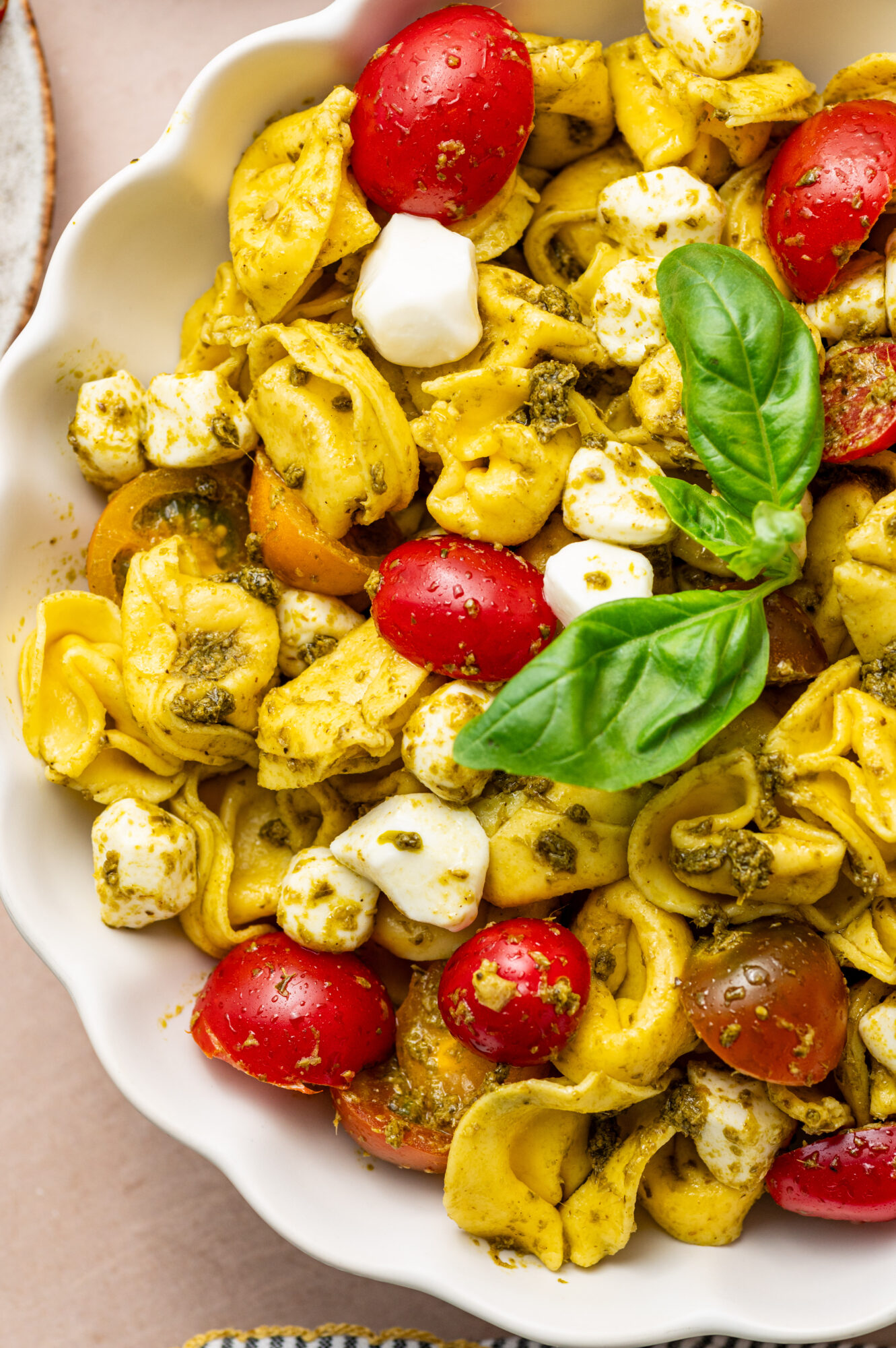 Pesto tortellini salad garnished with fresh basil.