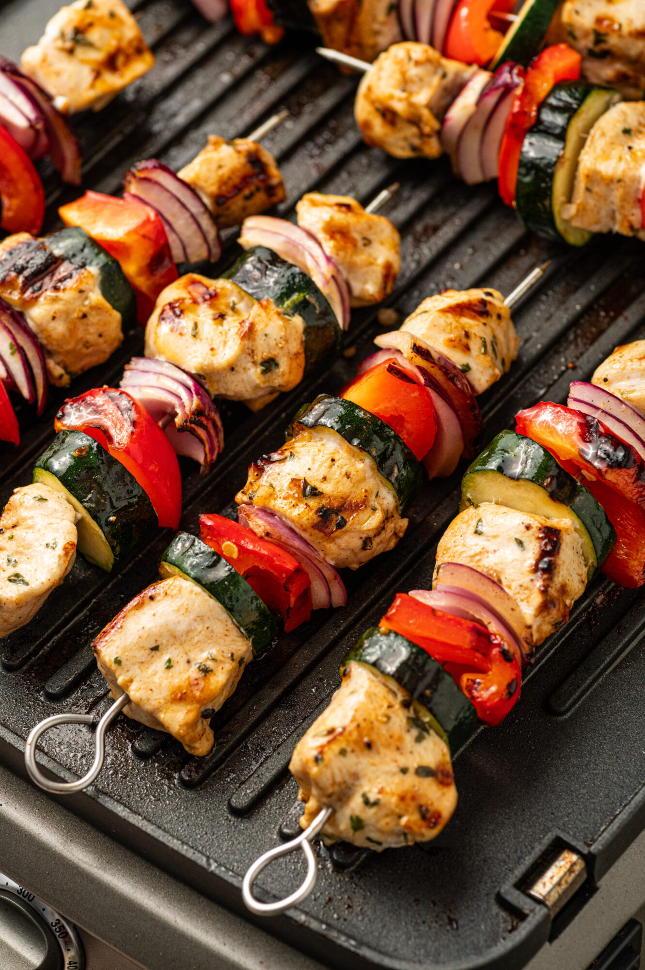 Grilled chicken kabobs on a George Foreman Grill.