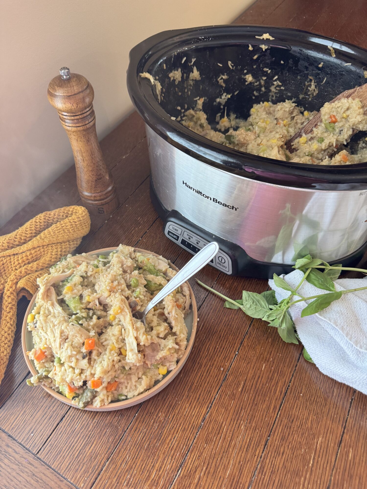 A bowl of chicken and rice with a slow cooker beside it full of more chicken and rice.