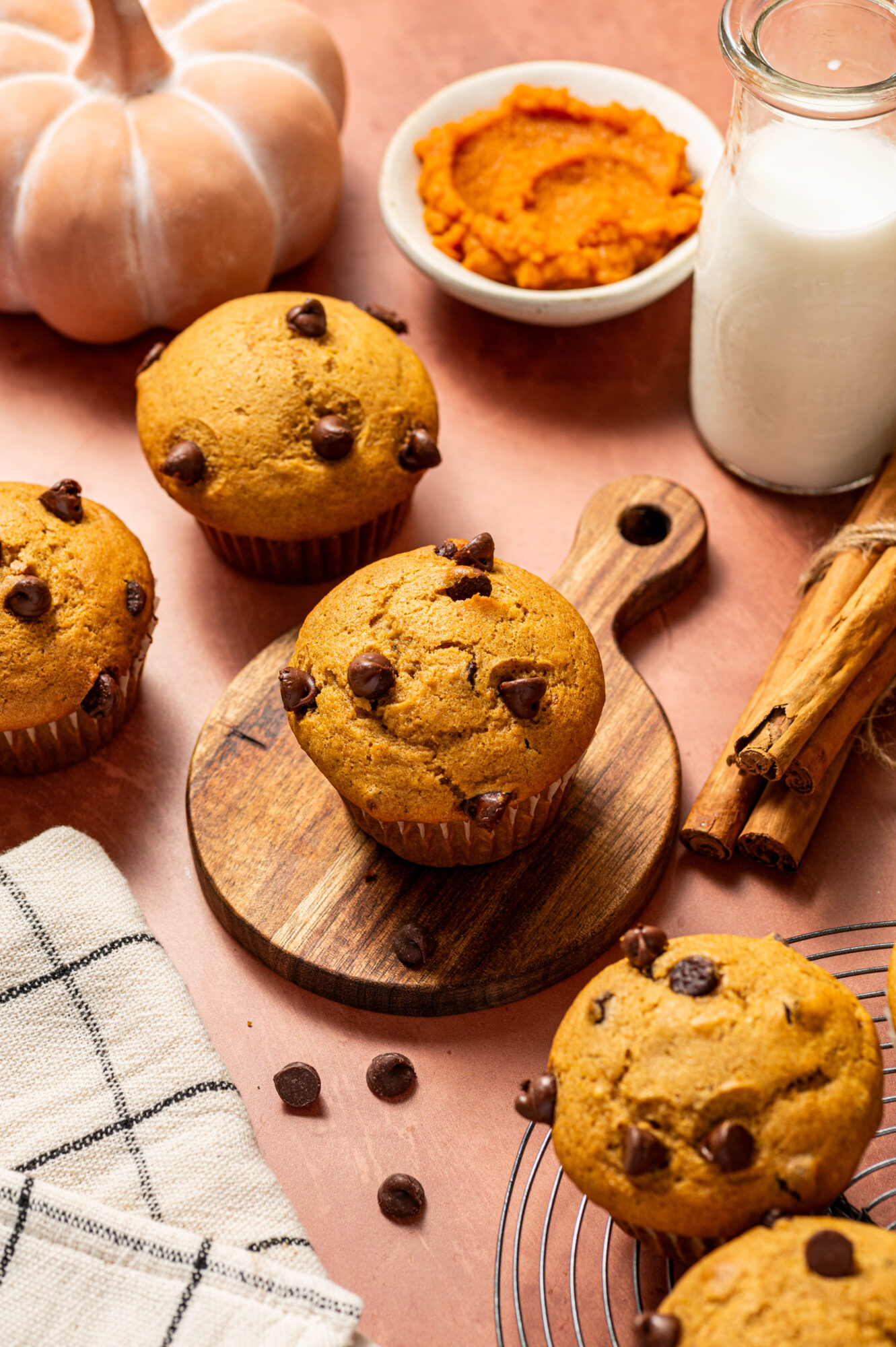 Chocolate chip pumpkin muffins, one on a wooden serving tray.