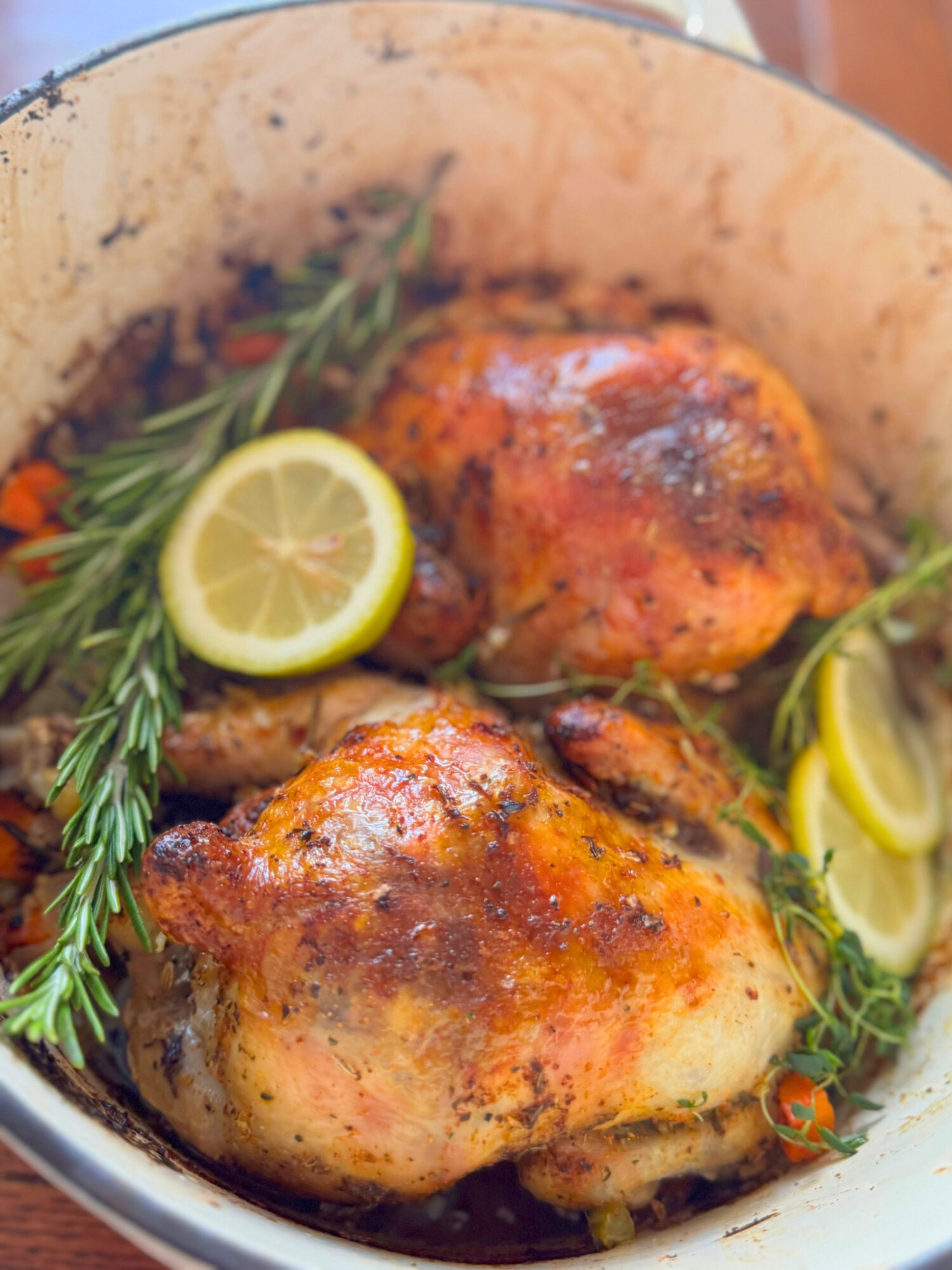 Cornish hens in a Dutch oven garnished with lemon slices and rosemary.