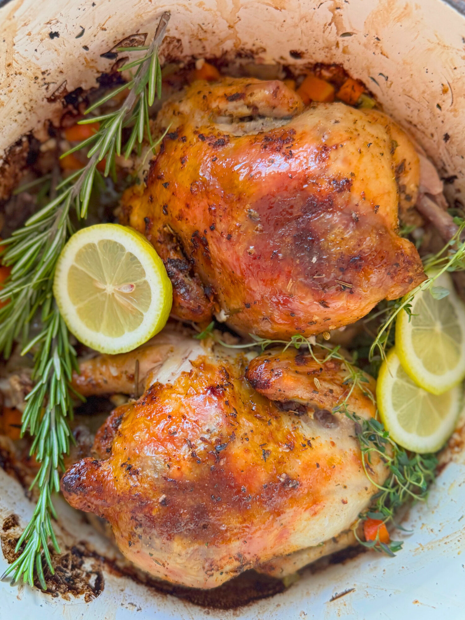 Close-up of cornish hens in a Dutch oven garnished with lemon slices and rosemary.