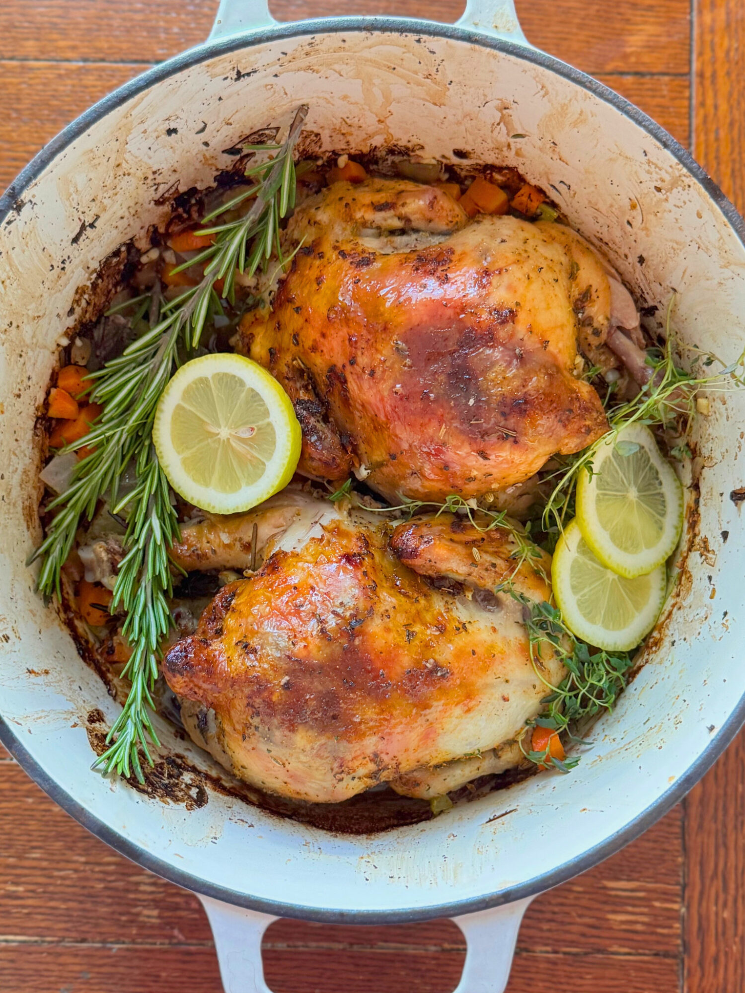 Roasted cornish hens in a Dutch oven garnished with lemon slices and rosemary.