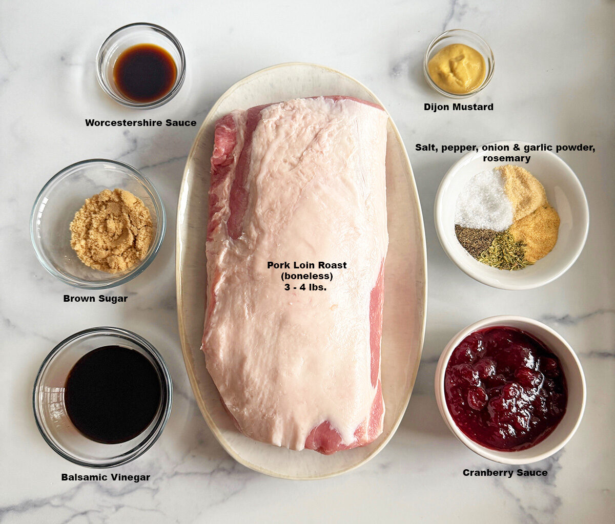 All the ingredients needed to make cranberry balsamic pork loin roast.