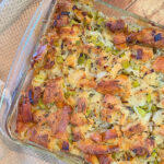 Homemade stuffing in a casserole dish ready to eat.