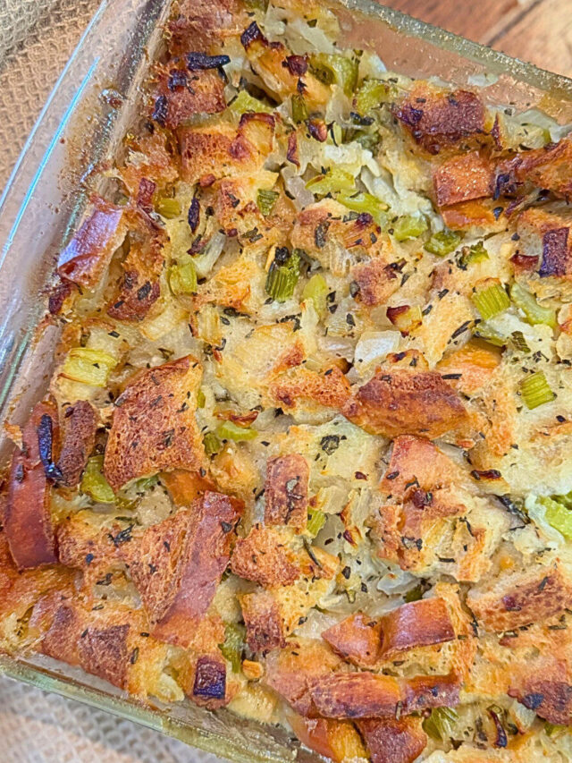 Homemade stuffing in a casserole dish ready to eat.