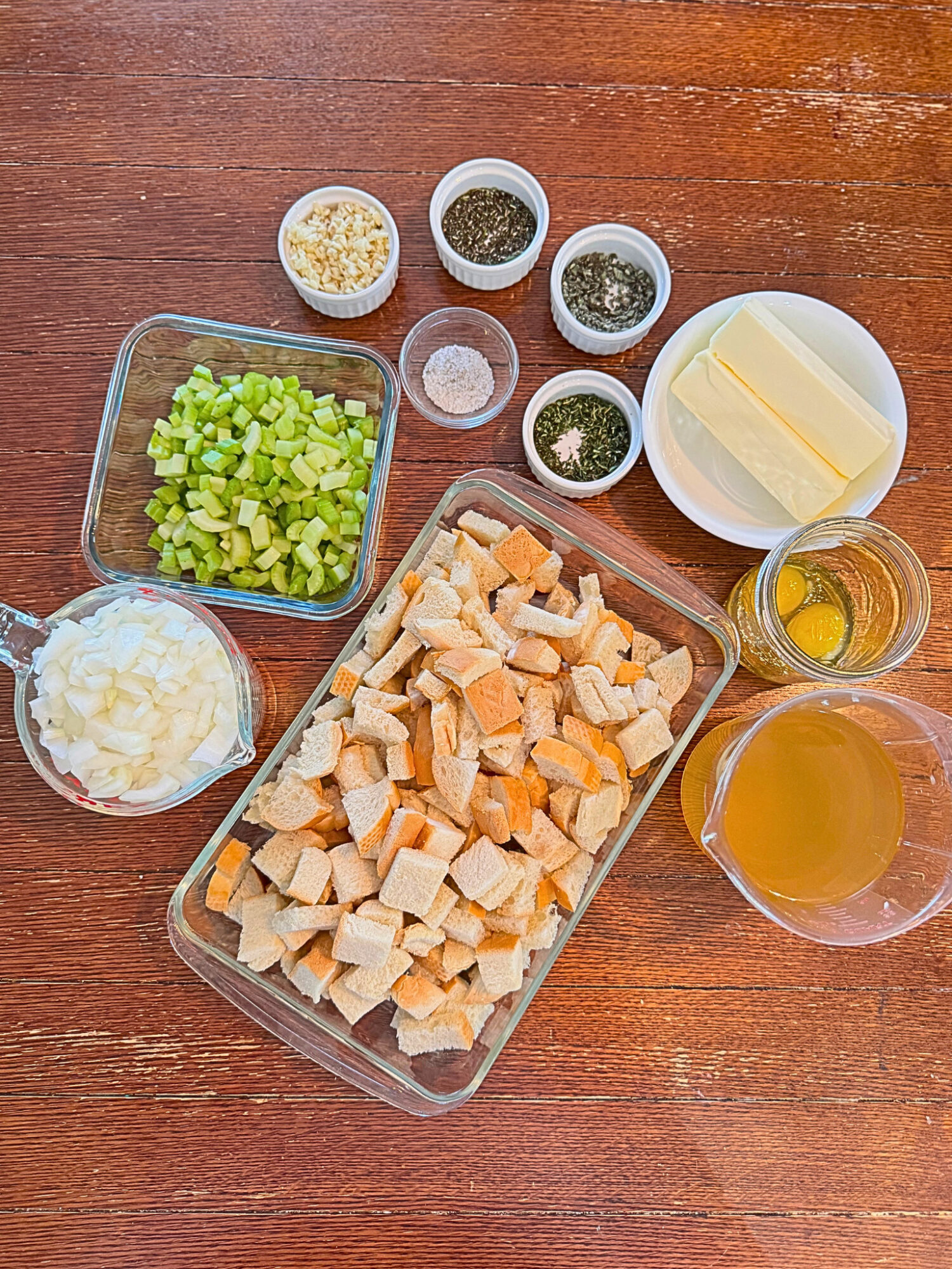 Ingredients for the best damn homemade stuffing recipe.