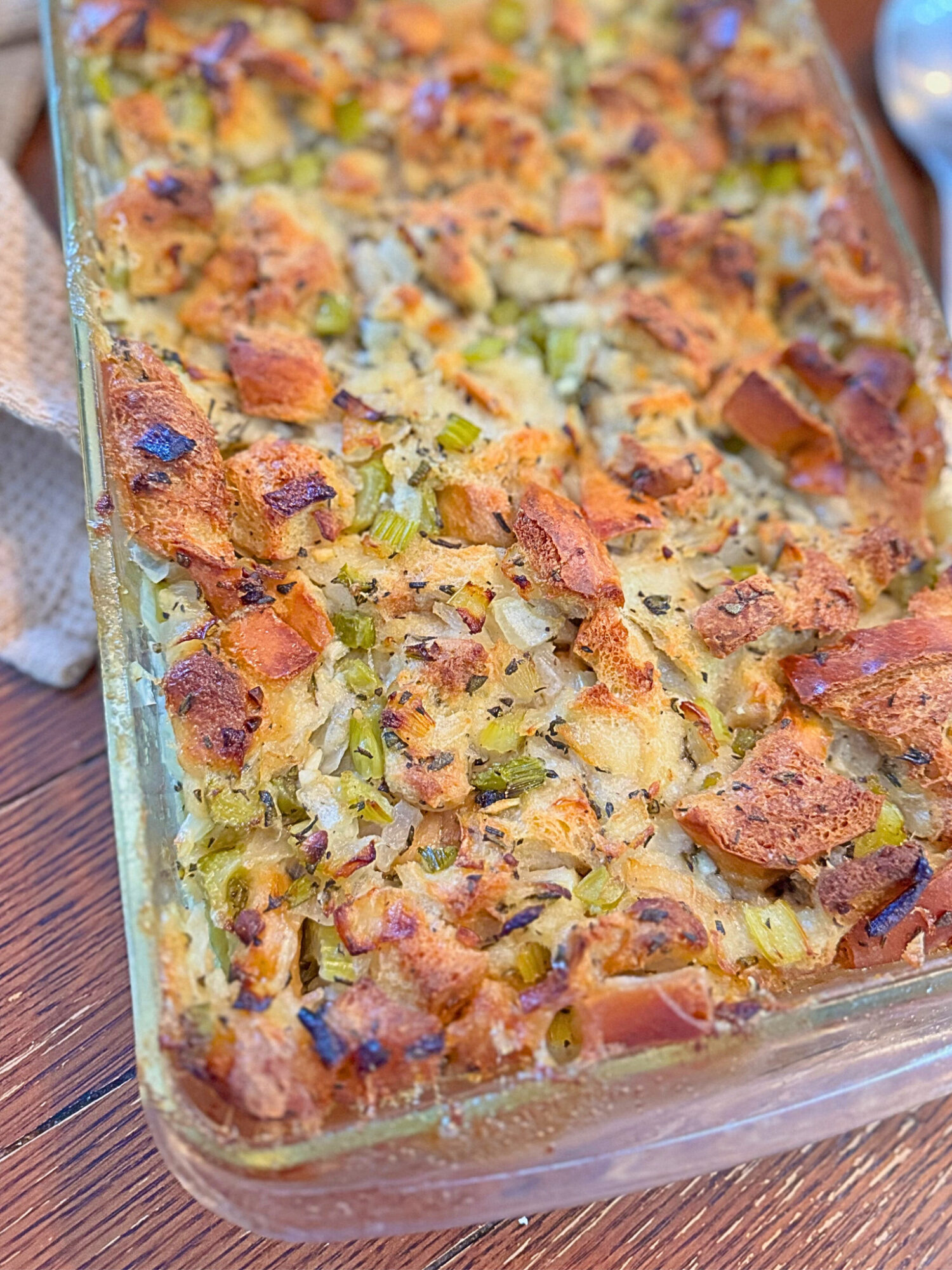 The best damn homemade stuffing in a casserole dish fresh out of the oven.