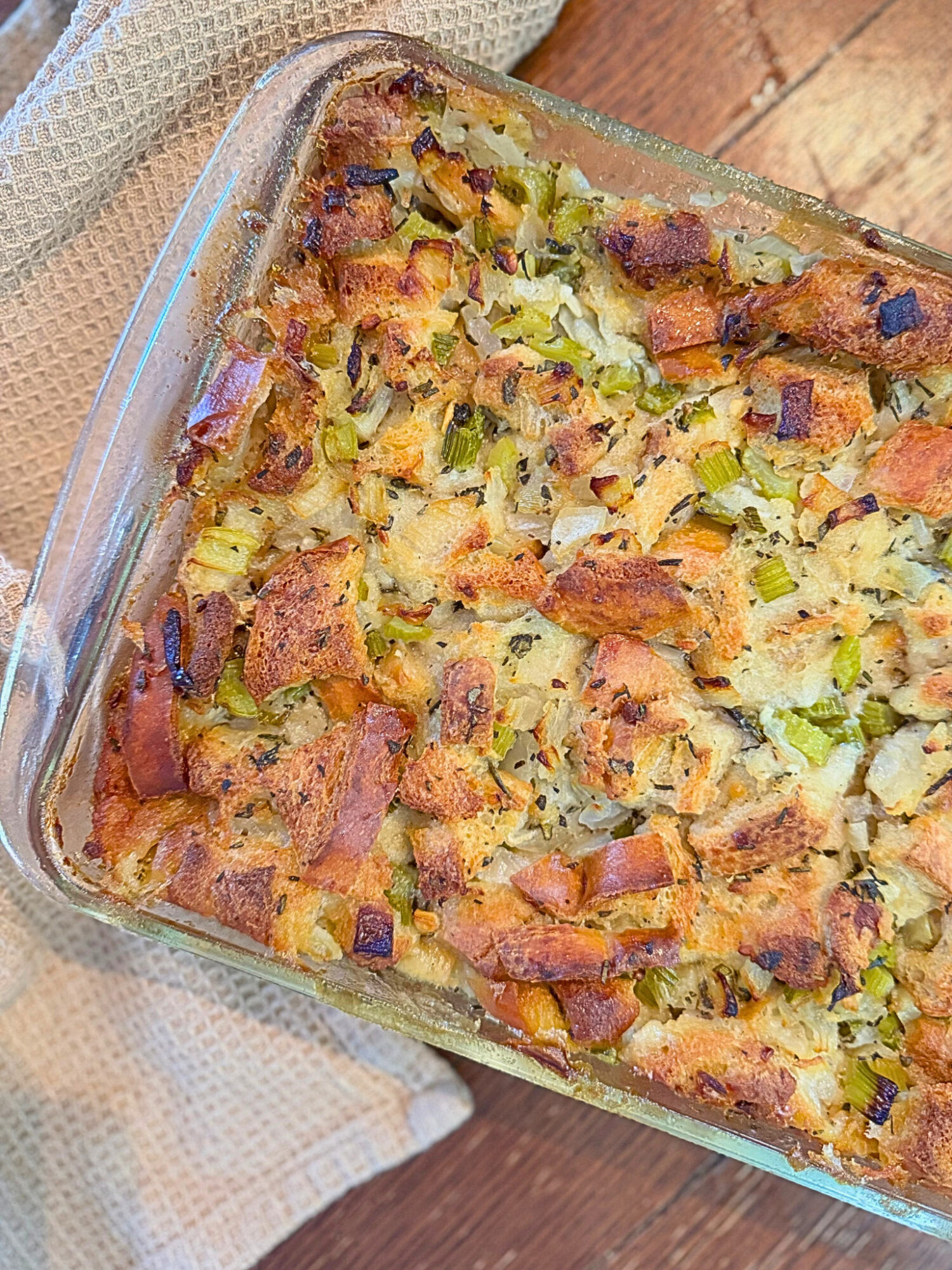 Homemade stuffing in a casserole dish ready to eat.
