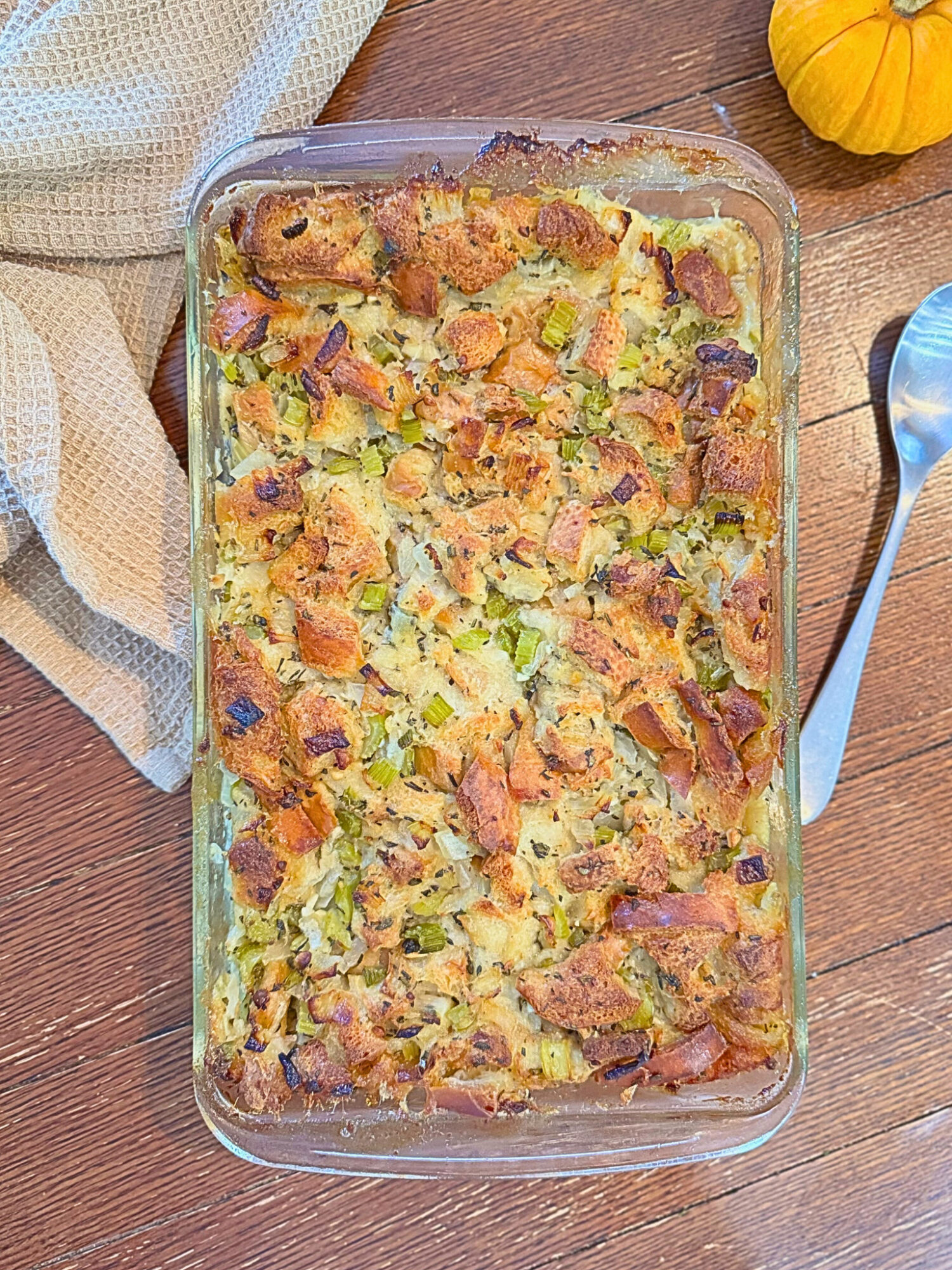 The best damn homemade stuffing in a casserole dish fresh out of the oven.