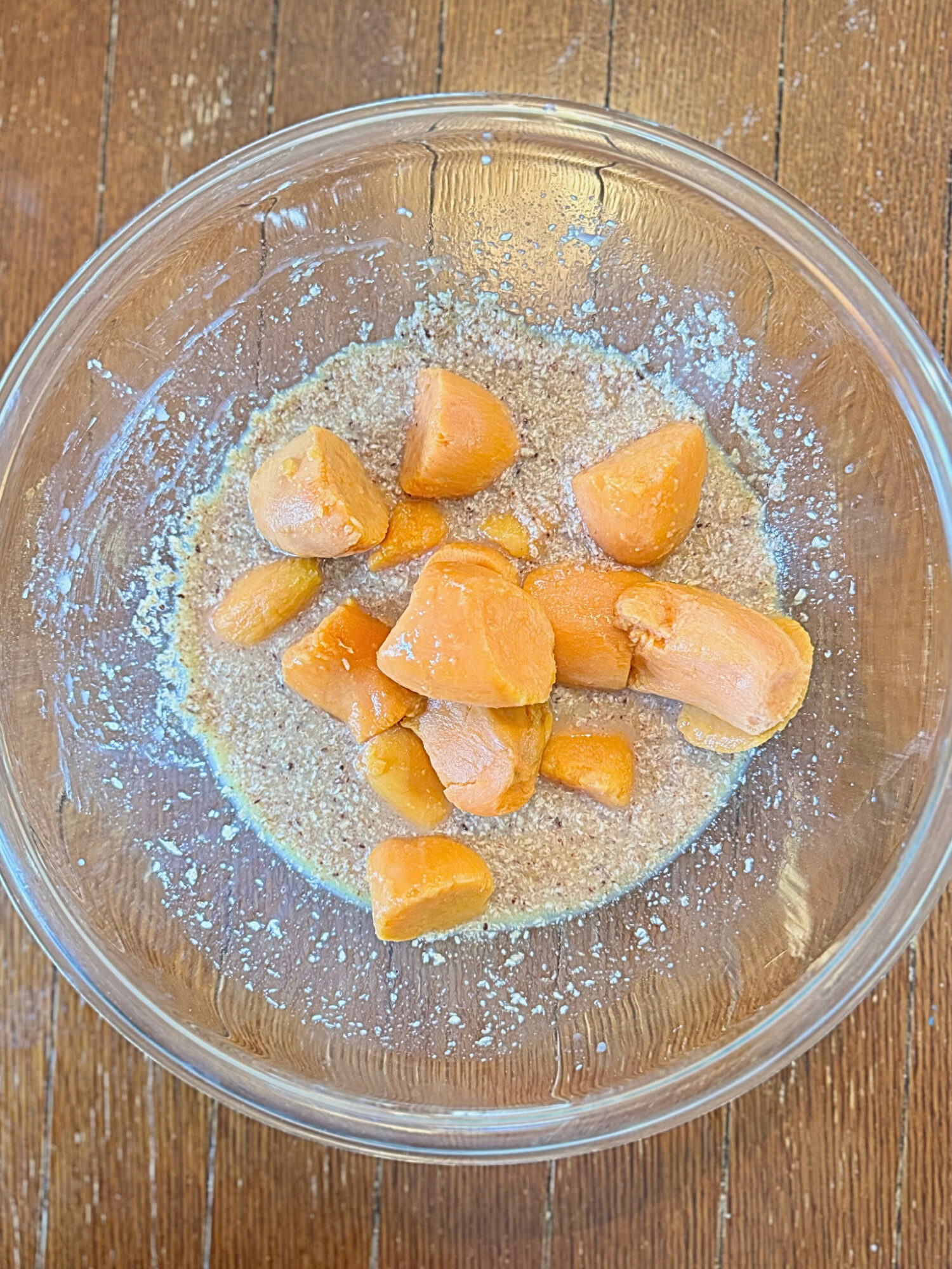 Ingredients for sweet potato filling in a glass mixing bowl.