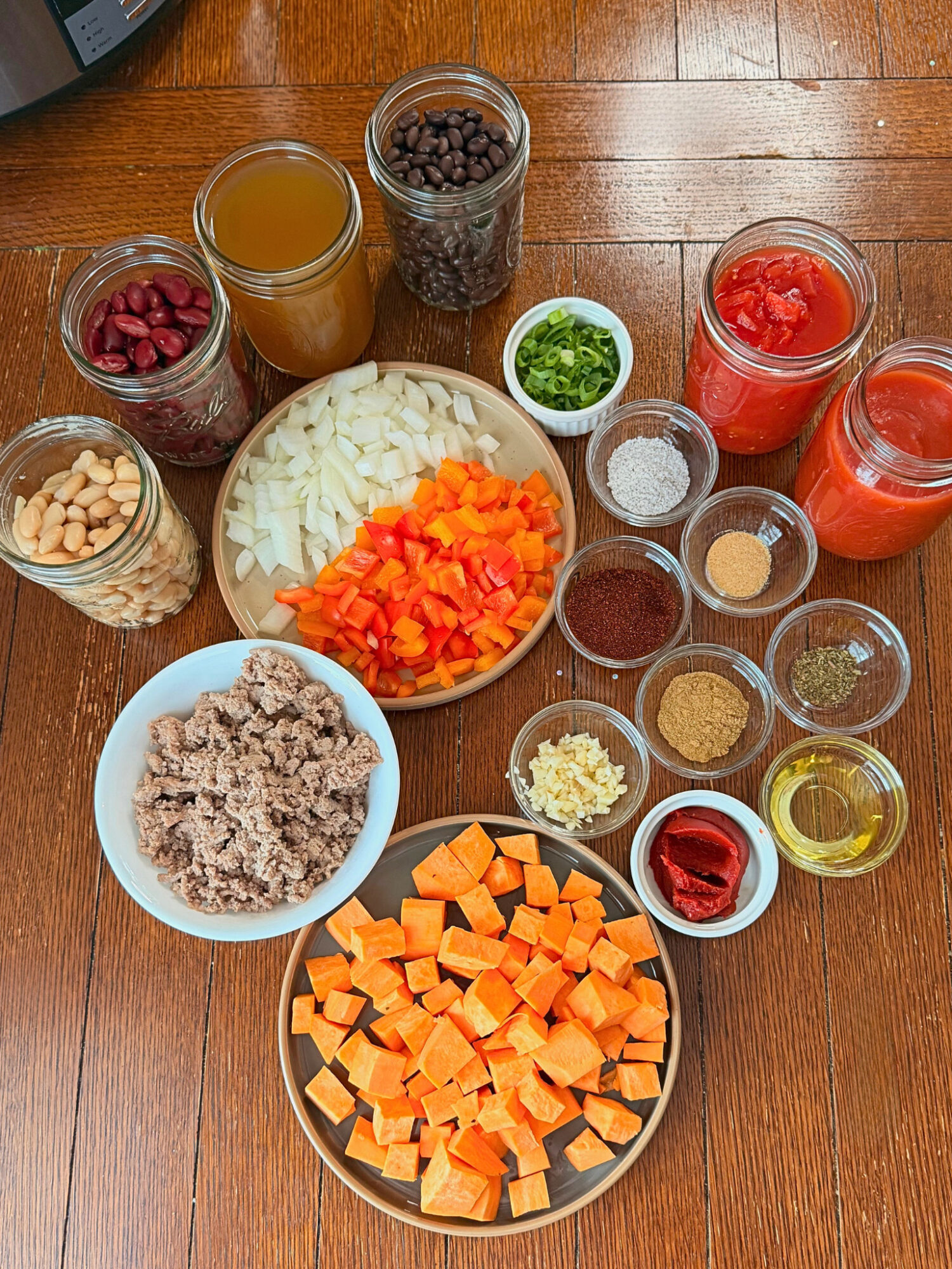 Ingredients for slow cooker turkey and sweet potato chili.