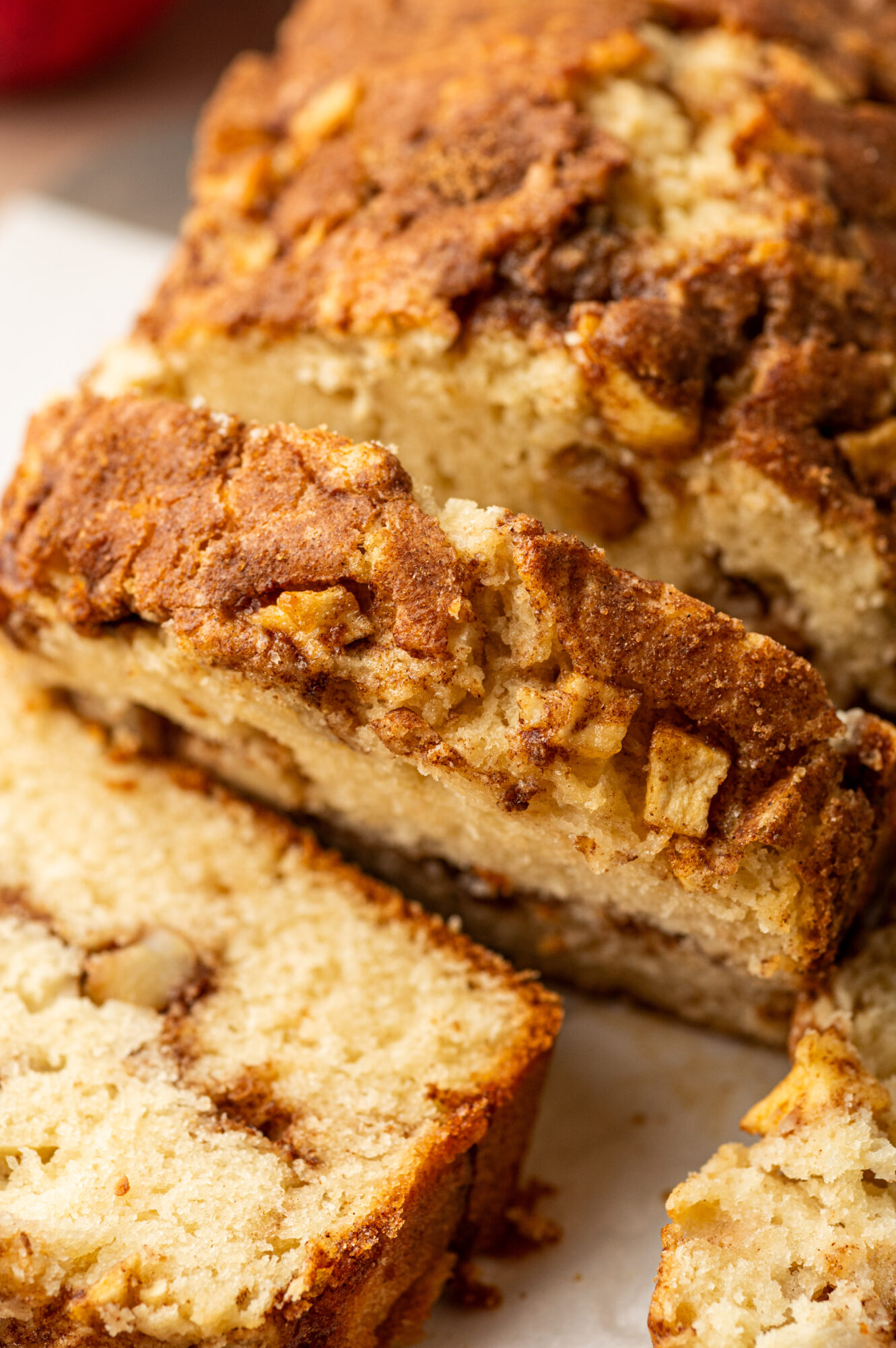 Close-up of sliced apple cinnamon bread.
