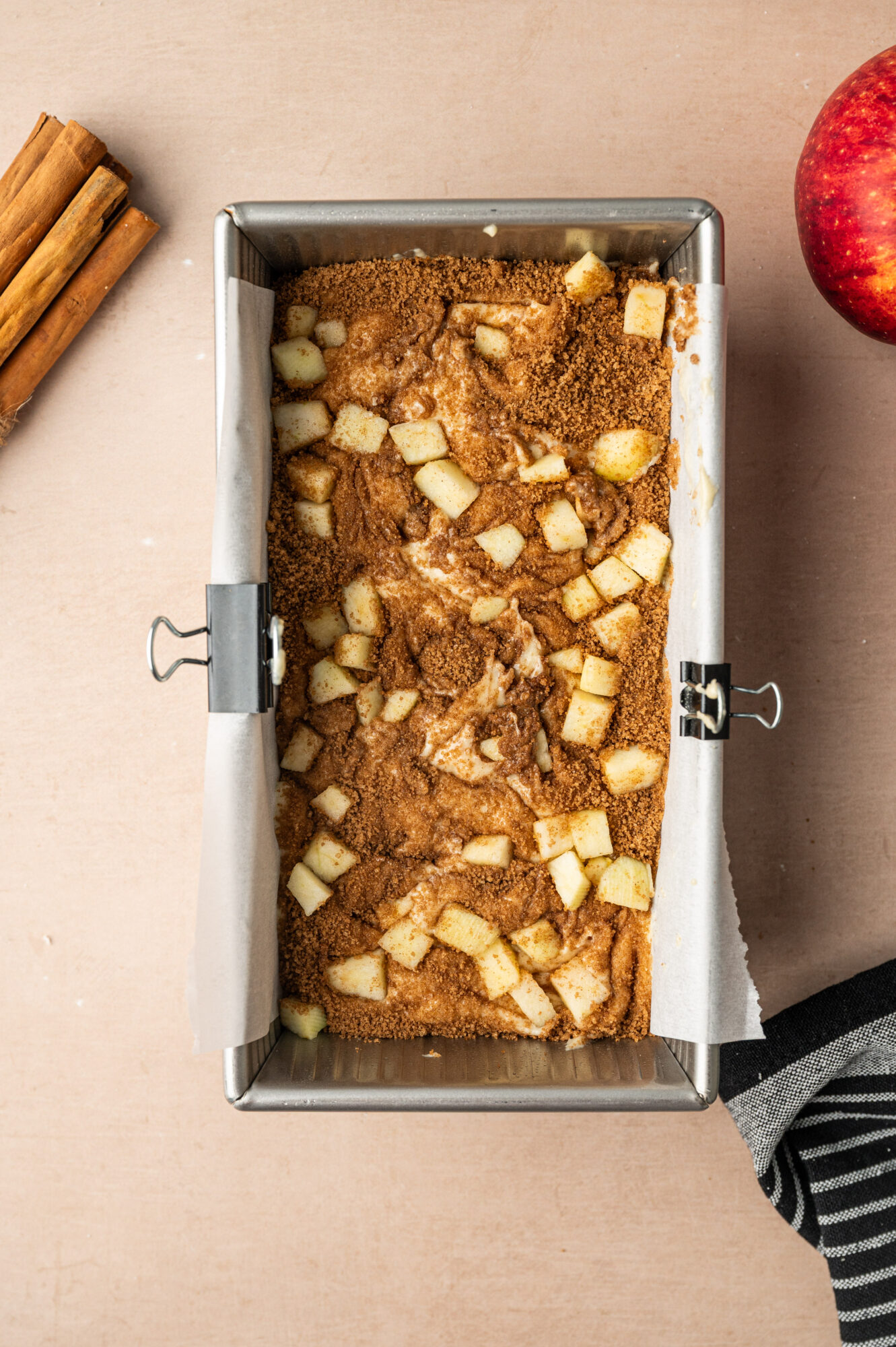 Apple cinnamon bread ready to go in the oven.