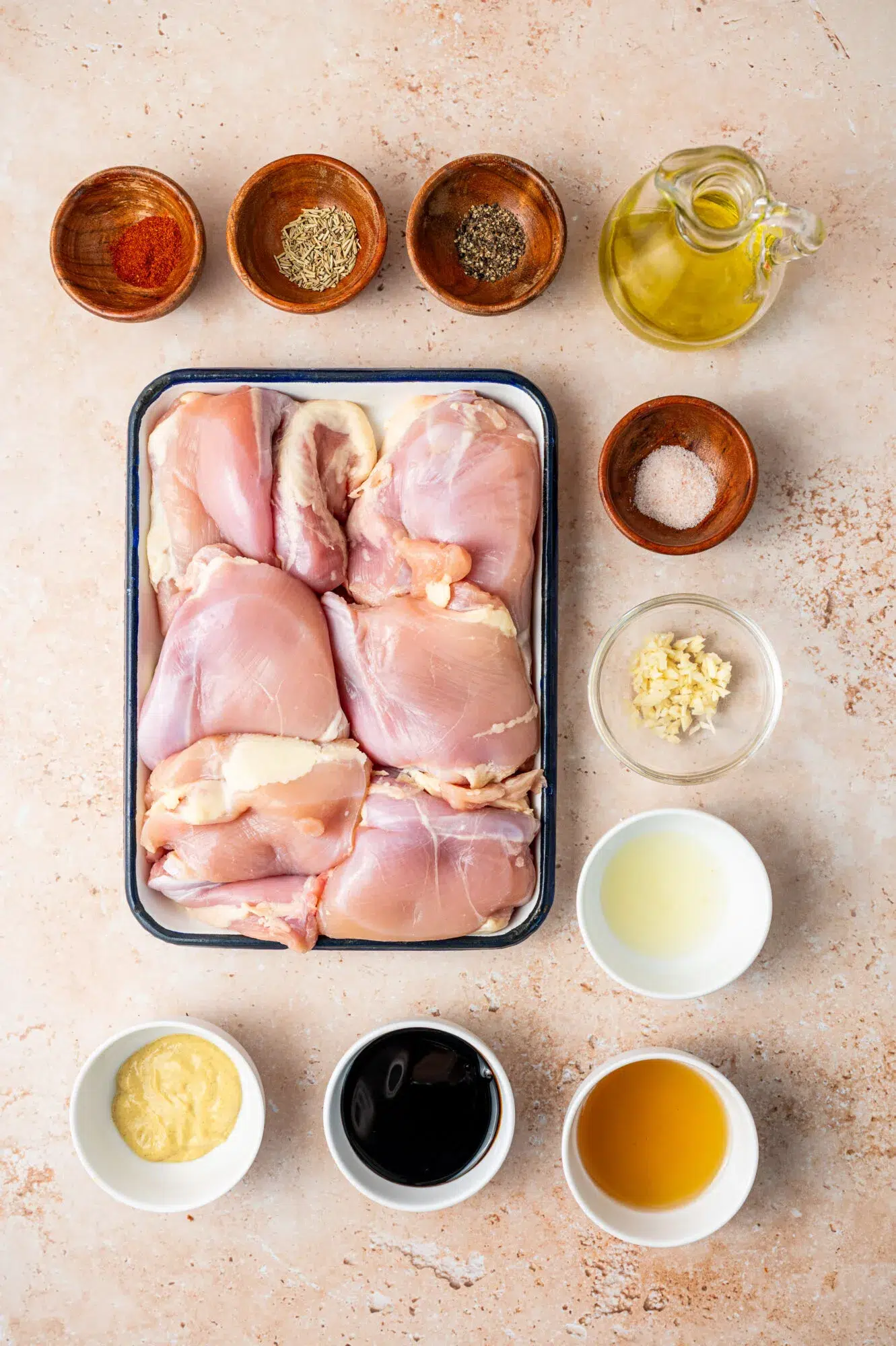 Ingredients for balsamic Dijon mustard chicken thighs.