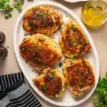 Oven roasted chicken thighs on a white serving plate garnished with parsley.