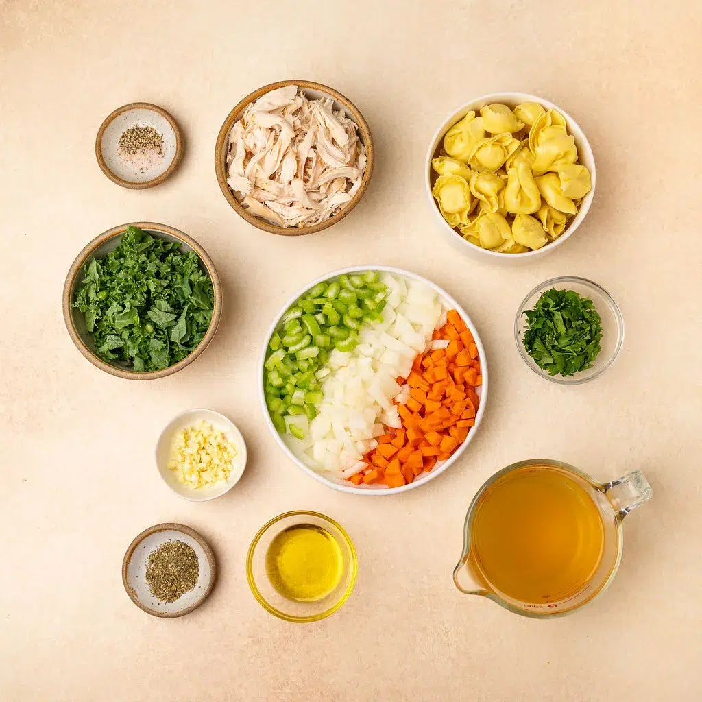Ingredients for chicken tortellini soup.