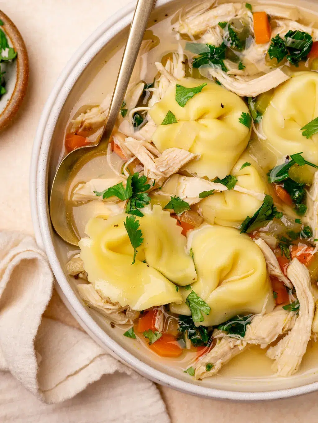 Close-up of chicken tortellini soup.