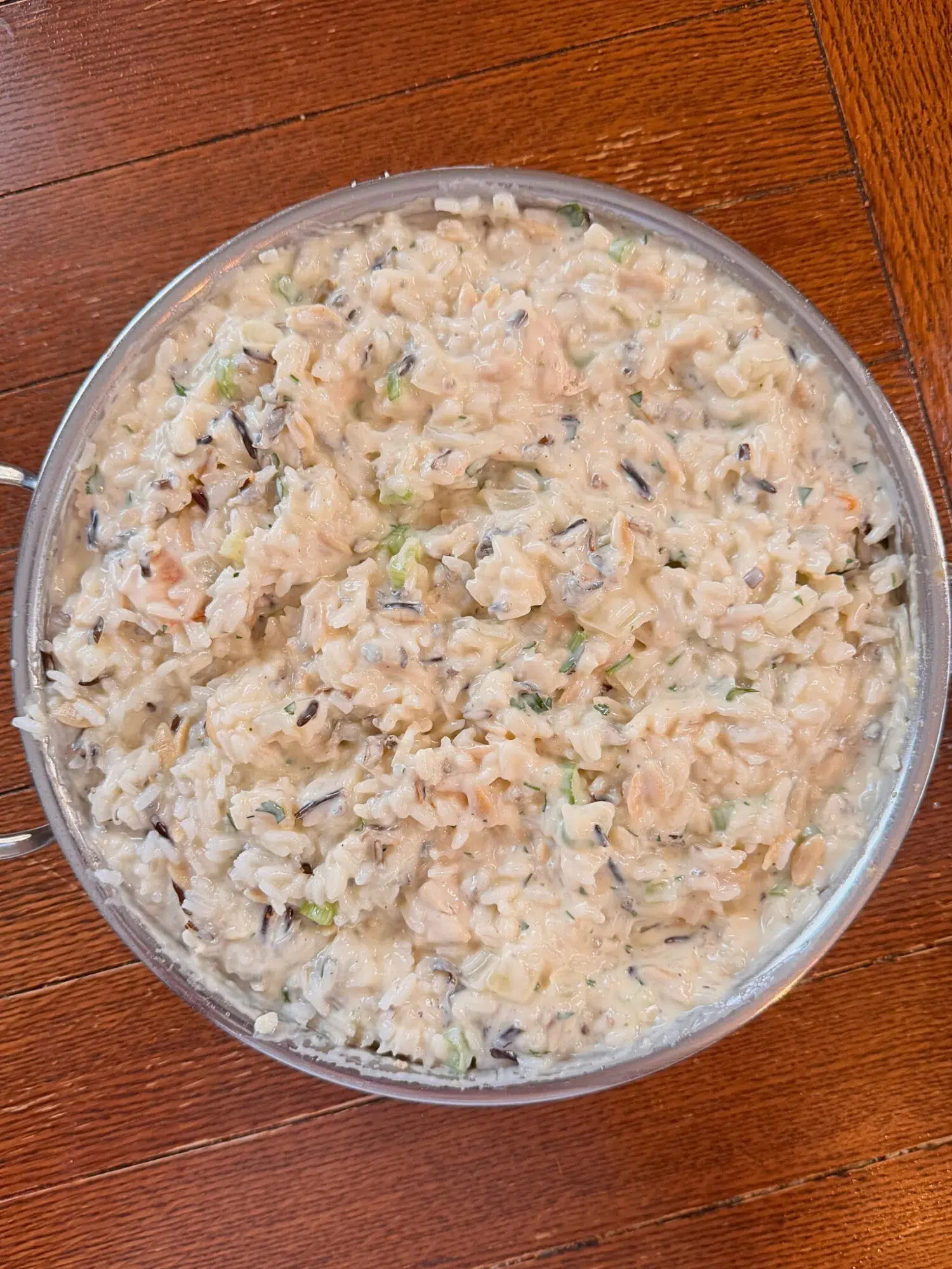 Chicken wild rice filling in a pan.