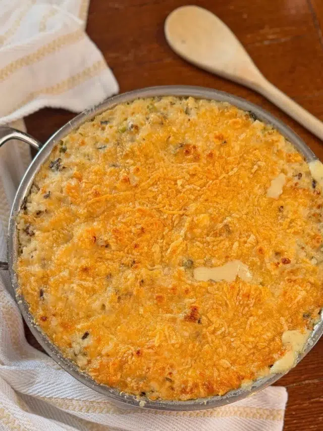 Chicken wild rice bake with a golden parmesan crust ready to serve.