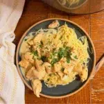 Slow cooker creamy garlic chicken on a plate with noodles.