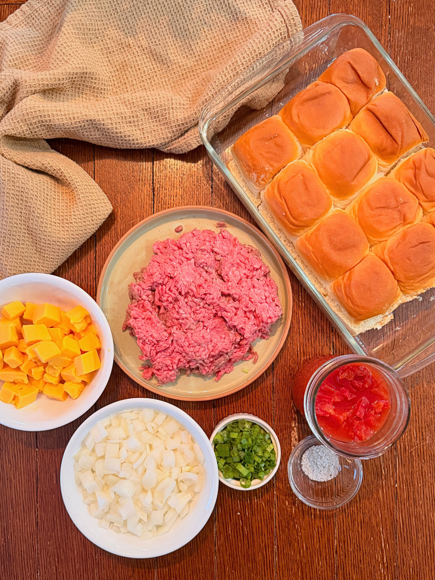 Ingredients for ground beef queso sliders.