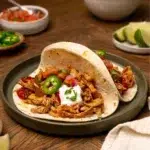 Slow cooker chicken fajitas on a black plate.