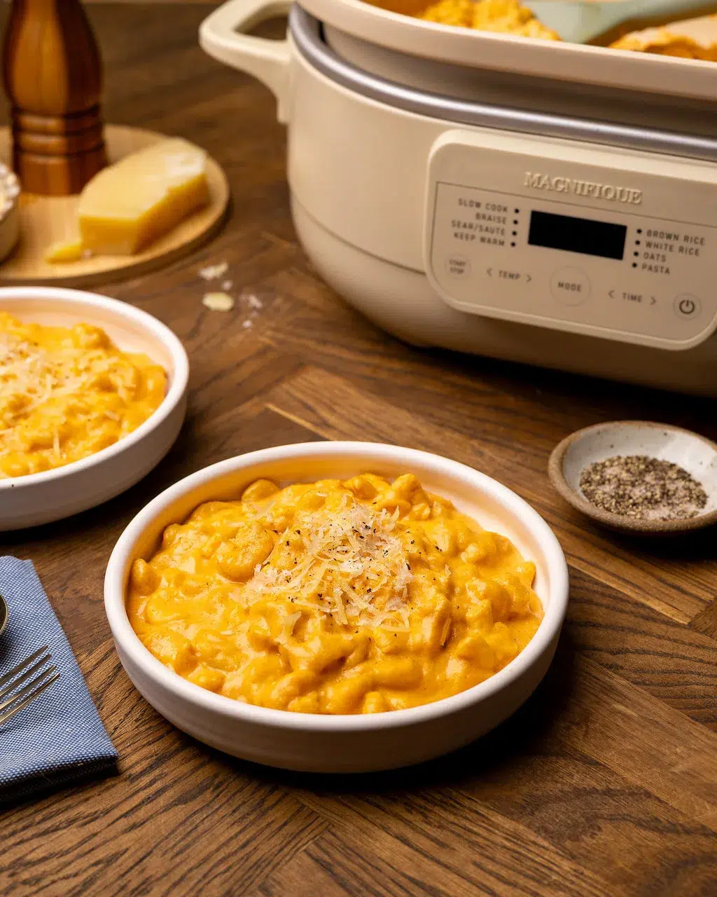 Two bowls of mac and cheese beside a slow cooker.