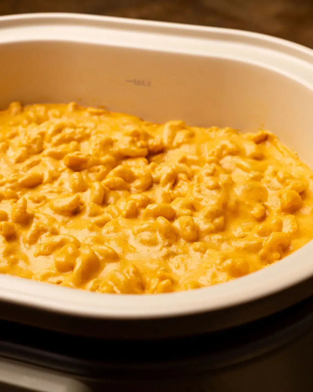 Creamy mac and cheese in a slow cooker ready to eat.